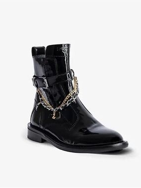 Zadig & Voltaire Laureen Black Patent Leather Combat Boots with Mixed Chains 40
